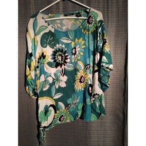 "Women's Floral Print 3/4 Sleeve Top – Teal and Yellow Boho Blouse"